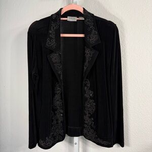 Chico’s Travelers Black Open Front Jacket Blazer Floral Embroidered Size 1 M/L